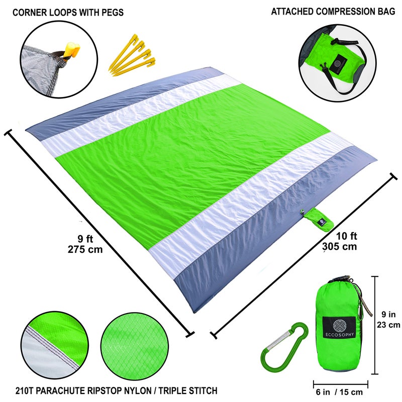 ECCOSOPHY Sandproof Beach Blanket - Oversized Sand Free Beach Mat 9'x10' - Lightweight Outdoor Picnic Blanket Anchored with 4 Corner Sand Pockets & Plastic Stakes - Heat Proof, Quick Drying & Compact - Image 2
